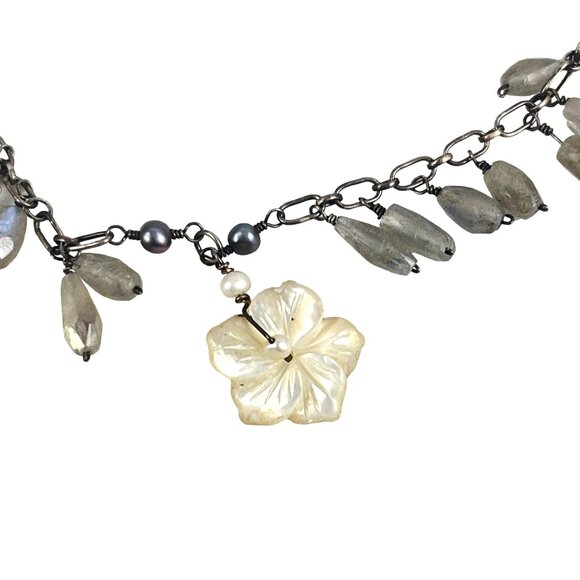 Vintage Labradorite & Mother of Pearl Flower Pendant Necklace 16" Sterling Silve - Picture 3 of 9